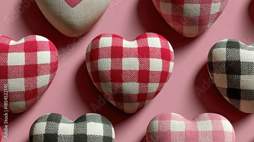Fabric hearts with checkered patterns arranged on a pink background.