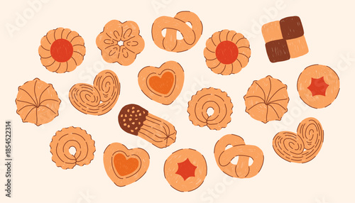 Simple hand drawn cookie set in a cute doodle style, featuring minimal shapes and warm tones on a light beige background. Cozy, sweet and playful illustration perfect for holiday designs and branding