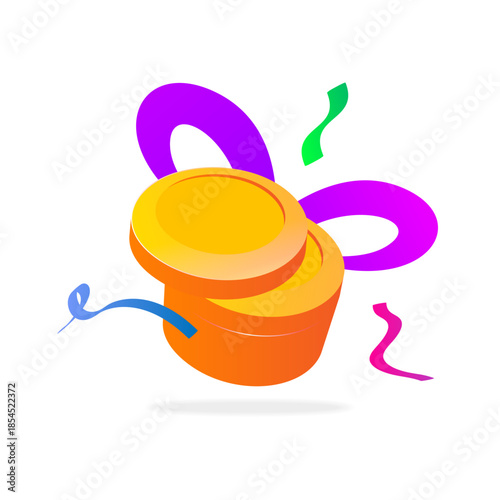 Bonus coin reward illustration with gift ribbon. loyalty points, cashback, virtual currency, promotional incentives. for mobile app UI, ecommerce, promotions, gamification systems, marketing rewards