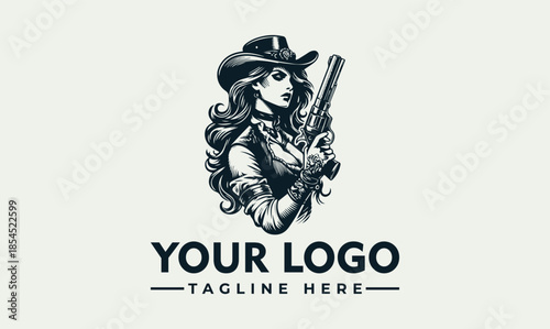 Vector logo design featuring a cowgirl holding a gun with a customizable 'YOUR LOGO' tagline on a clean background.