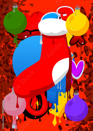 Christmas stocking and decoration ball graffiti. Abstract modern street art decoration performed in urban painting style.