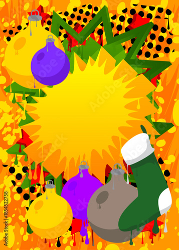 Christmas stocking and decoration ball graffiti. Abstract modern street art decoration performed in urban painting style.