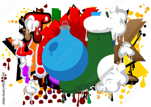 Christmas stocking and decoration ball graffiti. Abstract modern street art decoration performed in urban painting style.