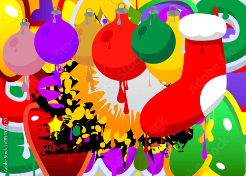 Christmas stocking and decoration ball graffiti. Abstract modern street art decoration performed in urban painting style.