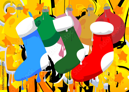 Christmas stocking and decoration ball graffiti. Abstract modern street art decoration performed in urban painting style.