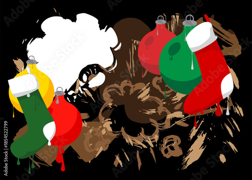 Christmas stocking and decoration ball graffiti. Abstract modern street art decoration performed in urban painting style.
