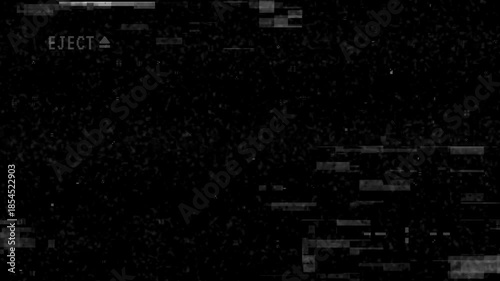 Static noise, digital glitches, eject icon. Suitable for design projects related to technology, error messages, and digital malfunctions. Vibrant and dynamic visual.