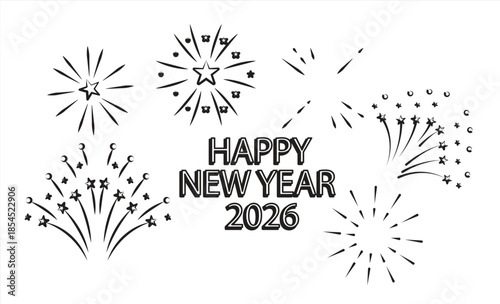 Happy New Year 2026 icon with colorful fireworks burst, isolated on transparent background, design element, vector illustration.

