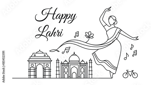 Happy Lohri festival line art illustration with dancing couple, dhol, kite and Indian monuments celebrating Punjabi harvest festival