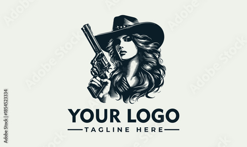 Vector logo design featuring a woman wearing a hat and holding a gun with a placeholder text for a company logo and tagline on a plain background.