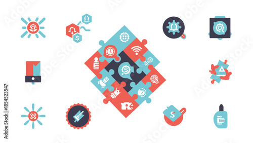Business strategy puzzle pieces connect diverse elements like finance connectivity time management and goal setting into one cohesive solution graphic