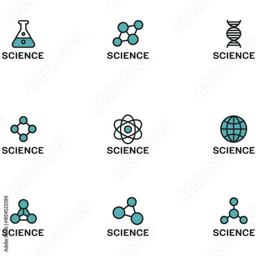 Collection of science icons including a flask, dna, and molecules