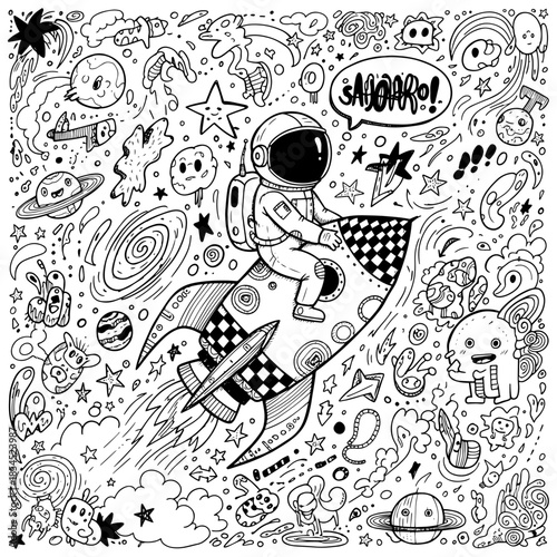 Doodle illustration of an astronaut with various abstract objects around him, vector