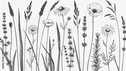 Black and White Wildflowers and Grasses Illustration.