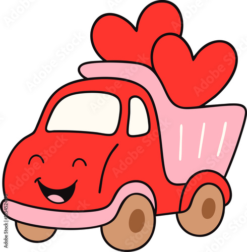 Cute red truck carrying hearts, perfect for Valentine Day celebrations, spreading love and joy