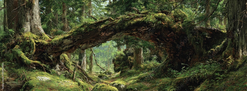 Fototapeta premium Forest landscape with arching tree and lush green foliage during daylight