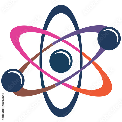 Abstract atom model with colorful orbiting electrons