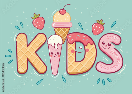Whimsical cartoon design with ice cream, strawberries, and waffle letters spelling 'KIDS' for playful summer projects, children's events, or sweet treat promotions