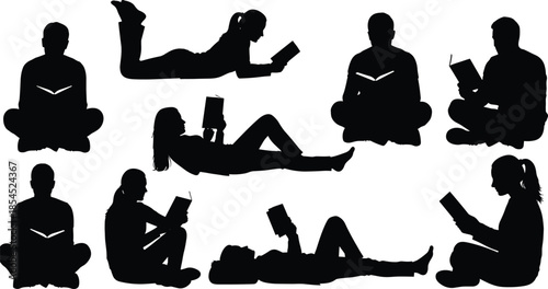 Black silhouettes of people reading books in sitting lying and relaxed poses isolated on white background vector illustration