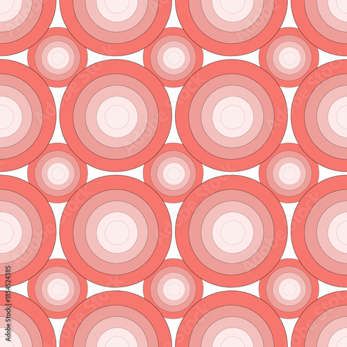 Retro style seamless pattern of concentric circles in various shades of pink, coral, and white for Valentine's Day. Pop art aesthetic design.