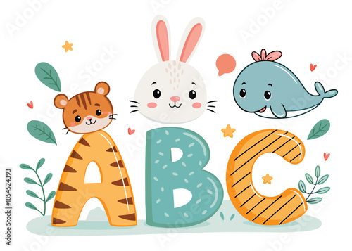 Adorable animal alphabet art for kids featuring tiger, rabbit, and whale perfect for nursery decor, playful learning, and children's educational materials