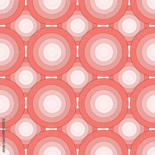 Retro style seamless pattern of concentric circles in various shades of pink, coral, and white for Valentine's Day. Pop art aesthetic design.