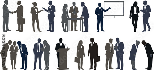 Business people silhouettes in various professional situations including meetings presentations negotiations and teamwork isolated on white background modern corporate flat vector illustration set