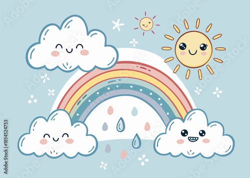 Cheerful rainbow illustration with happy sun, clouds, and raindrops for children's book, nursery decor, or educational materials in a playful style