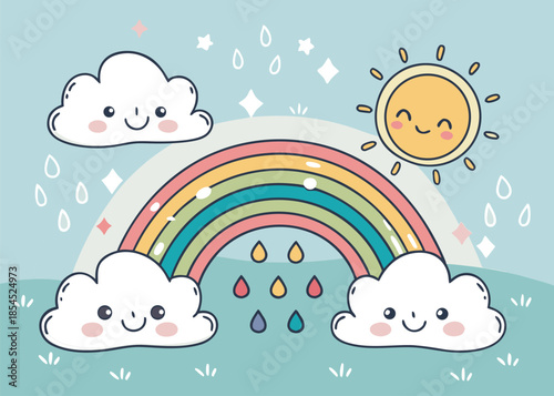 Cheerful rainbow art with smiling clouds and happy sun, perfect for children's books and joyful designs, bringing sunshine to every project