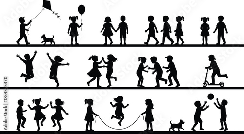 Children silhouettes playing running jumping skipping rope flying kite and having fun together outdoor activity illustration symbolizing happy childhood friendship freedom