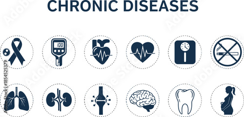 Chronic diseases medical icons set illustrating health conditions, risk prevention and awareness symbols for healthcare education and medical infographic design