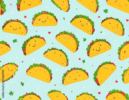 Cartoon-style repeating pattern of smiling, filled tacos