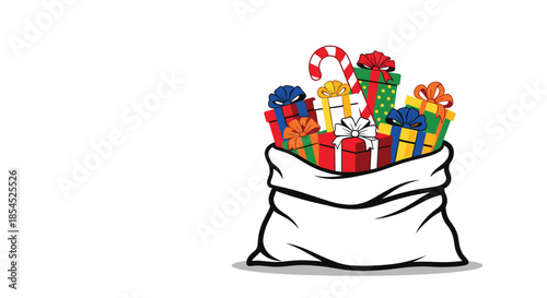 Santa's sack overflowing with a variety of colorfully wrapped gift boxes and a candy cane, isolated on white background.