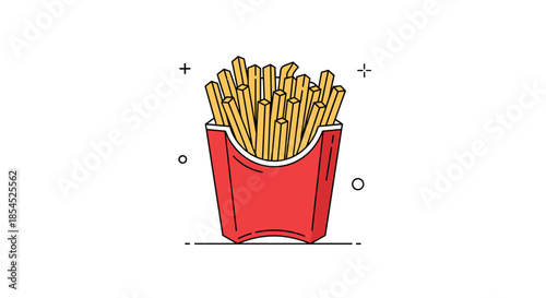 Minimalist line art illustration of a red carton filled with golden french fries, with simple plus and circle accents.