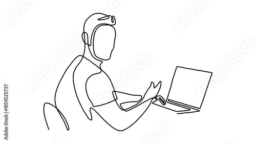 continuous line animation of man with laptop computer