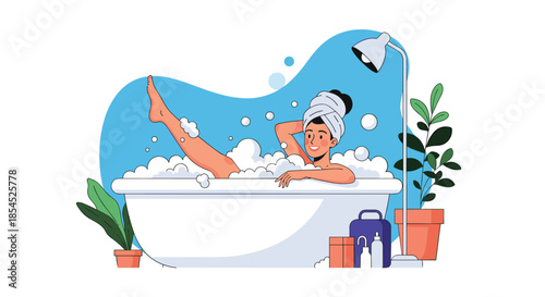 Happy woman with a towel on her head enjoying a relaxing bubble bath in a modern bathroom with houseplants.