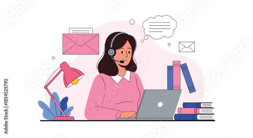 Female customer service representative with a headset working at her desk with a laptop, books, and communication icons.