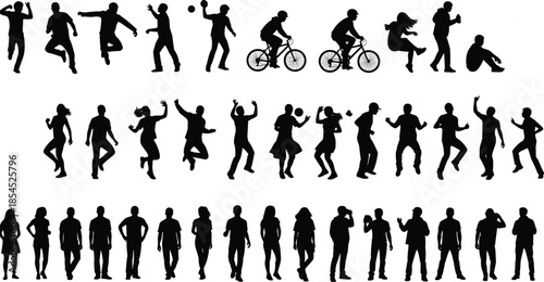 Collection of active people silhouettes jumping dancing running cycling and playing with ball, energetic human poses set on white background