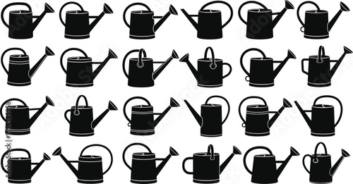 Collection of black watering can silhouettes, gardening tool icons set for landscaping, plant care, agriculture design and home garden illustration