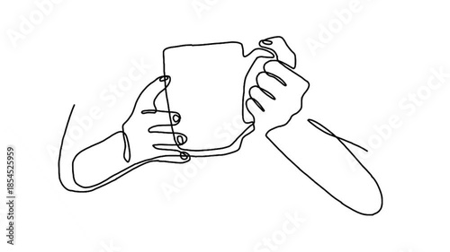 continuous line animation of hands holding a coffee cup