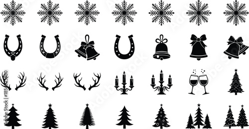Collection of Christmas holiday icons including snowflakes bells antlers candles wine glasses and Christmas trees black silhouette set on white background