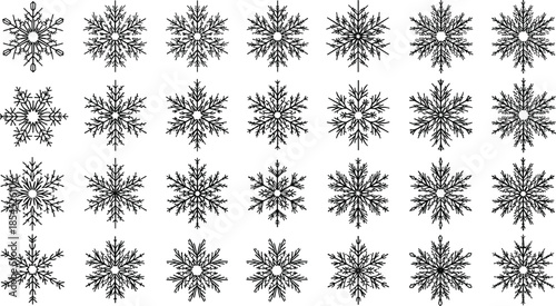 Collection of decorative snowflake icons in detailed winter style, black line vector set isolated on white background for design projects