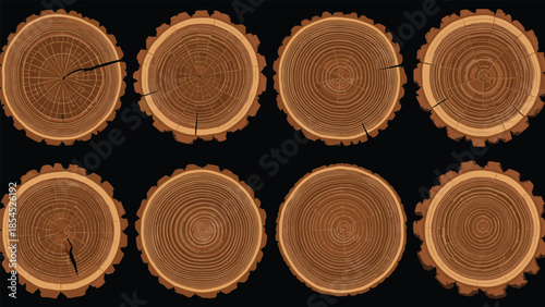 Collection of detailed wood tree trunk cross sections showing annual rings, natural timber texture slices for forestry, nature and design