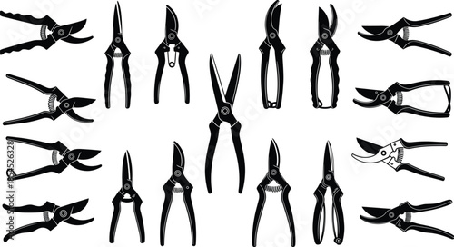 Collection of garden pruning shears and secateurs silhouettes isolated on white background, professional gardening cutting tool vector icons set