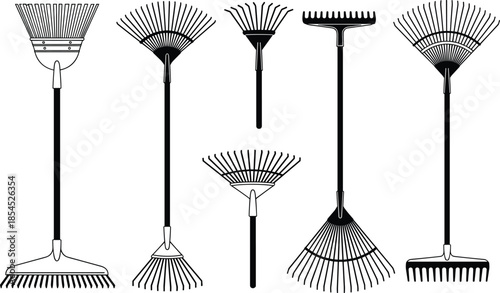 Collection of garden rake and broom tools illustration, black silhouette yard cleaning equipment set for landscaping, farming and outdoor maintenance design