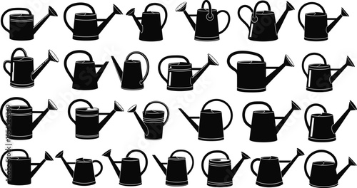 Collection of garden watering can silhouettes in various shapes and styles, black vector icons for gardening, irrigation and design