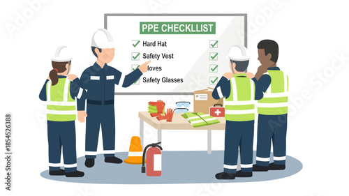 Four workers in hard hats and safety vests discussing a PPE checklist on a whiteboard with safety equipment on a table.