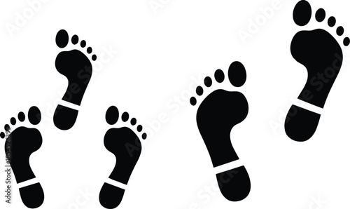 Collection of human footprint silhouettes and walking steps icons in black vector style isolated on white background for design