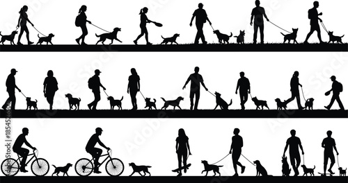 Collection of people silhouettes walking dogs and cycling in park, outdoor pet activity lifestyle illustration on white background