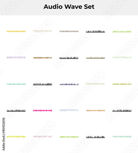 A collection of colorful audio waveform patterns on a white background for music and sound design